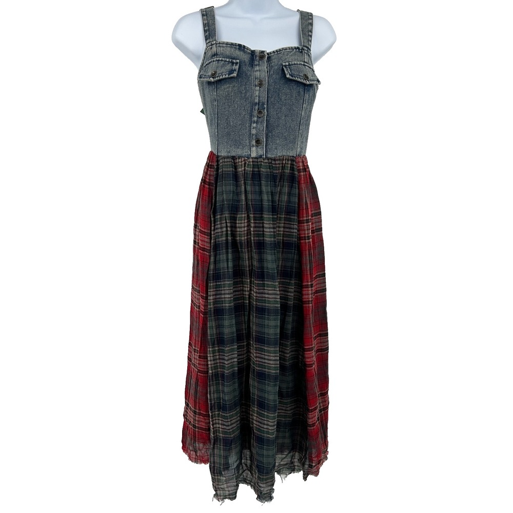 Oddy Indie Sleaze Grunge Denim Plaid Midi Dress Women L Unique Statement Raw Hem